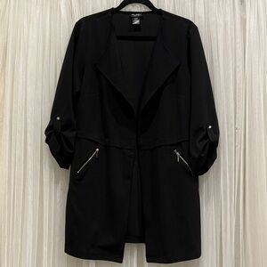 Soho Black Open-Front Long Blazer with Zipper Pockets